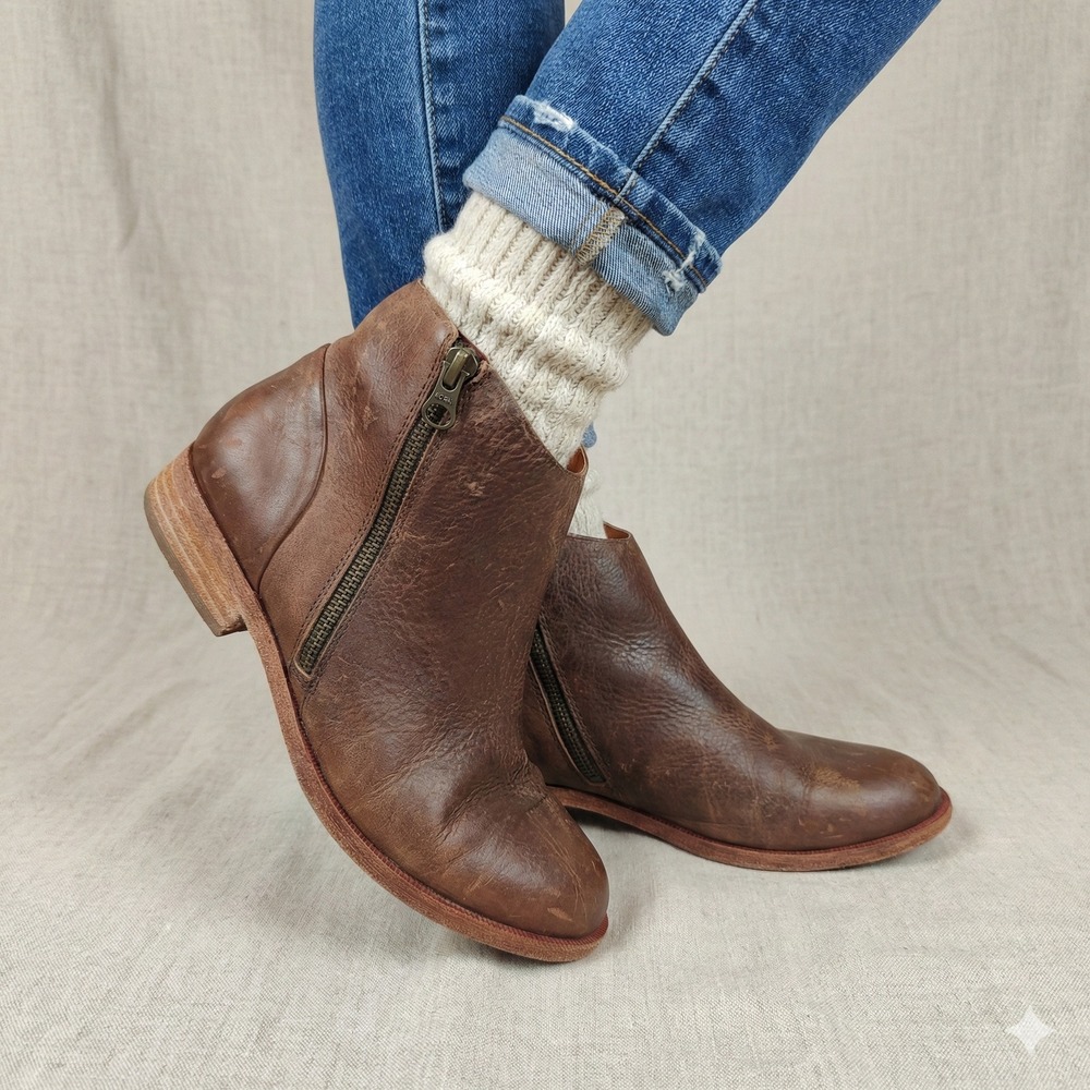 Kork Ease Riley Ankle Boots Womens 7 Brown Oiled Leather Side Zip Bohemian‎